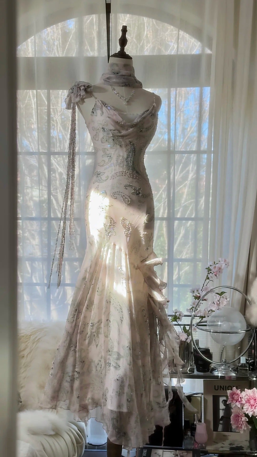 Elegant Pink Chiffon Lotus Beaded Mermaid Long Prom Dress P3317