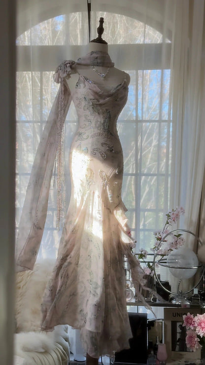 Elegant Pink Chiffon Lotus Beaded Mermaid Long Prom Dress P3317