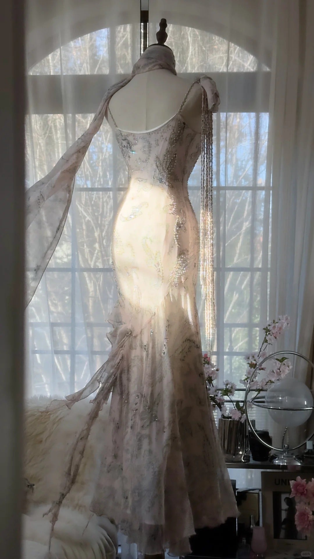 Elegant Pink Chiffon Lotus Beaded Mermaid Long Prom Dress P3317