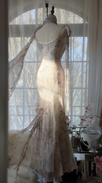 Elegant Pink Chiffon Lotus Beaded Mermaid Long Prom Dress P3317