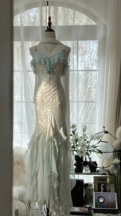 Beautiful Light Blue V-neck Ruffled Beaded Chiffon Mermaid Long Prom Dress P3319