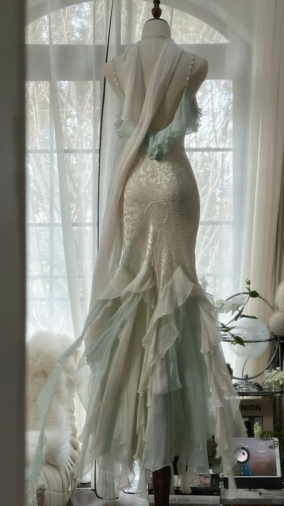 Beautiful Light Blue V-neck Ruffled Beaded Chiffon Mermaid Long Prom Dress P3319