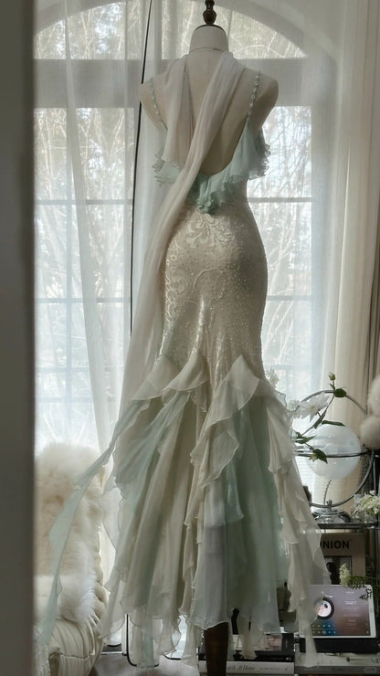 Beautiful Light Blue V-neck Ruffled Beaded Chiffon Mermaid Long Prom Dress P3319