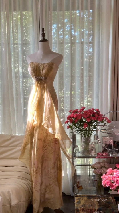 Vintage Gorgeous Gold Strapless Printed Mermaid Long Prom Dress P3321