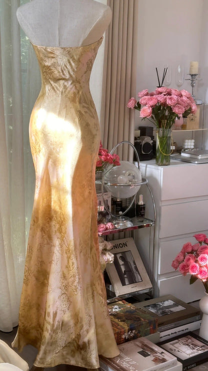 Vintage Gorgeous Gold Strapless Printed Mermaid Long Prom Dress P3321