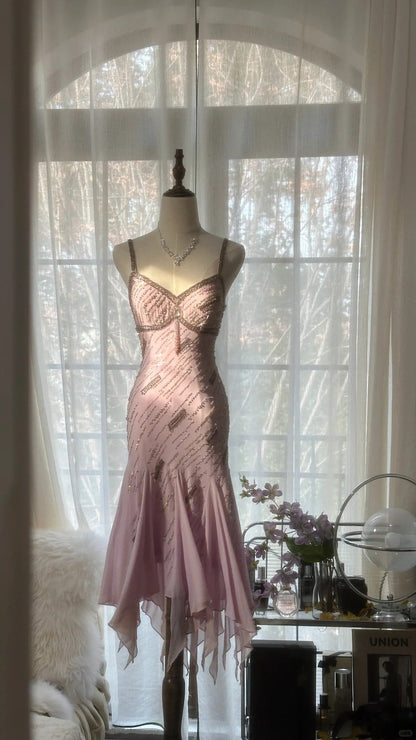 Cute Purple Strap Beaded Chiffon Mermaid Short Prom Dress P3322