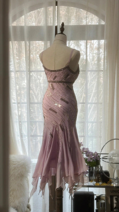 Cute Purple Strap Beaded Chiffon Mermaid Short Prom Dress P3322
