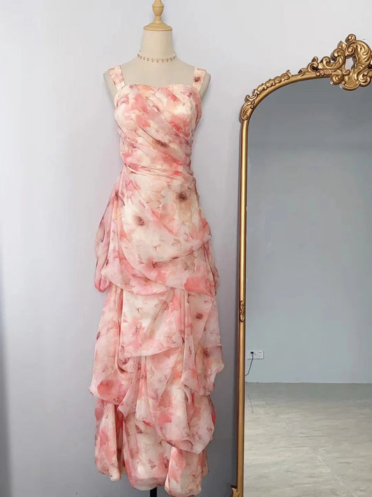Tender Pink Printed Tulle Long Prom Dress P3325