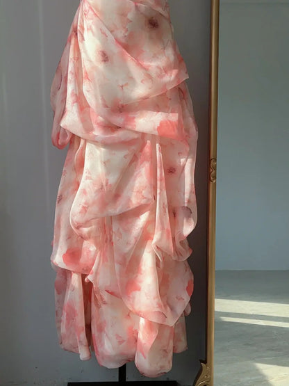 Tender Pink Printed Tulle Long Prom Dress P3325