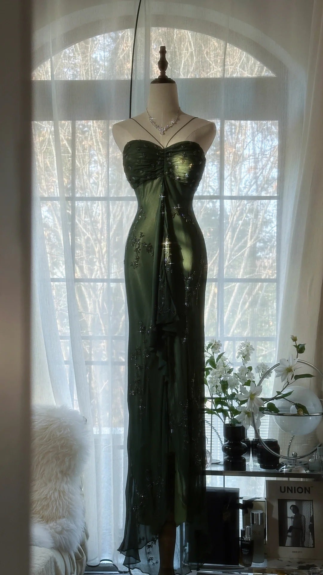 Vintage Dark Green Strapless Beaded Chiffon Mermaid Long Prom Dress P3329