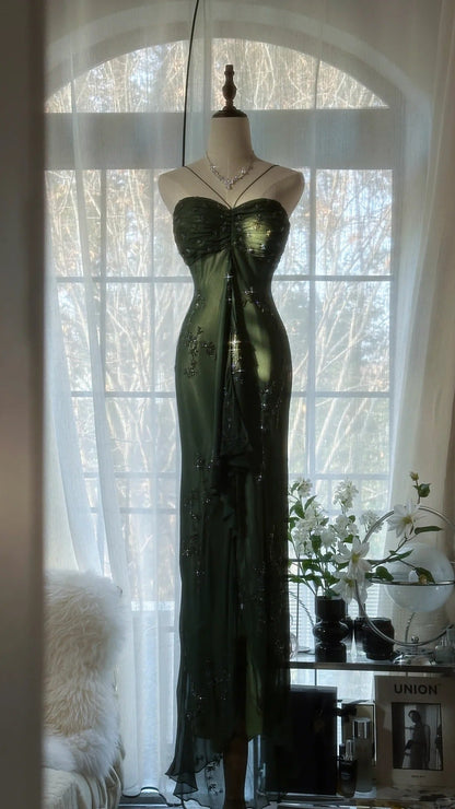 Vintage Dark Green Strapless Beaded Chiffon Mermaid Long Prom Dress P3329