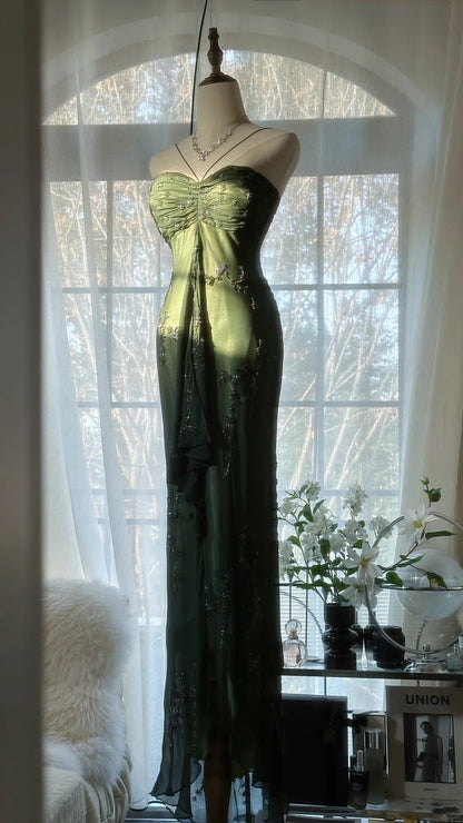 Vintage Dark Green Strapless Beaded Chiffon Mermaid Long Prom Dress P3329