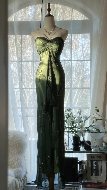 Vintage Dark Green Strapless Beaded Chiffon Mermaid Long Prom Dress P3329