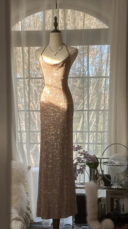 Sparkling Champagne Halter Neck Sequin Mermaid Long Prom Dress P3332