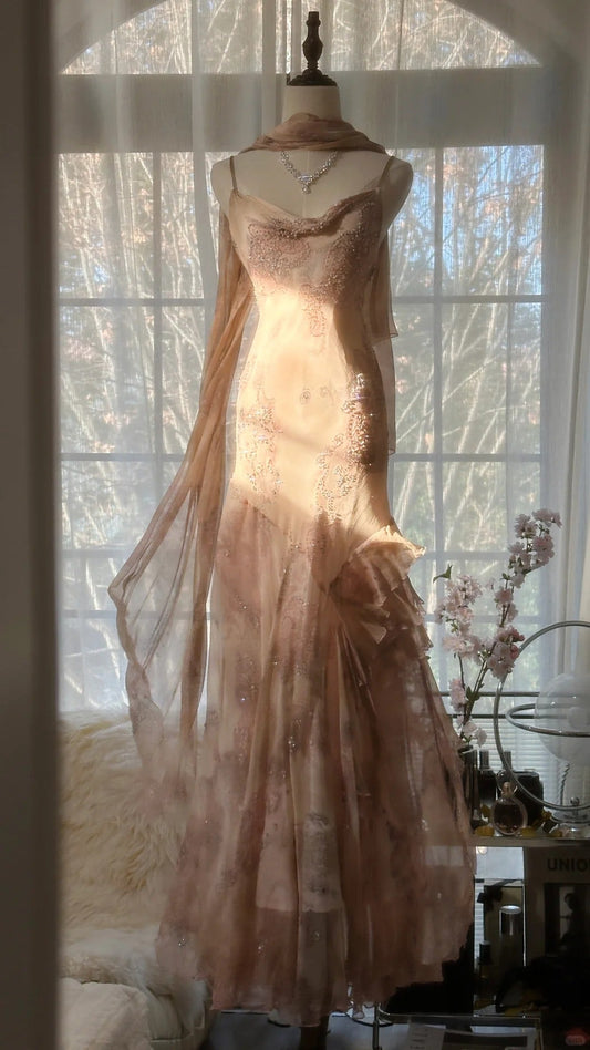 Cute Pink Shoulder Strap Flowing Ribbon Chiffon Beaded Long Prom Dress P3333