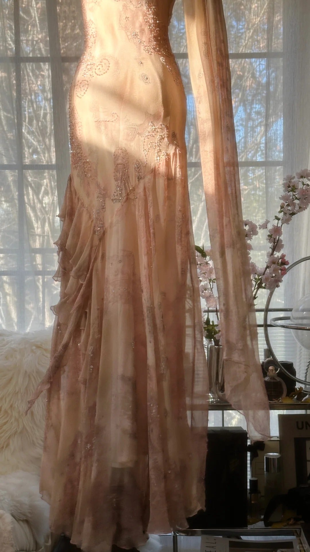 Cute Pink Shoulder Strap Flowing Ribbon Chiffon Beaded Long Prom Dress P3333