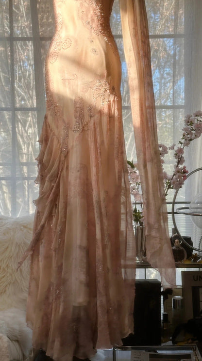 Cute Pink Shoulder Strap Flowing Ribbon Chiffon Beaded Long Prom Dress P3333