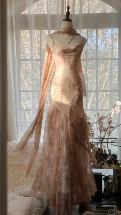 Cute Pink Shoulder Strap Flowing Ribbon Chiffon Beaded Long Prom Dress P3333