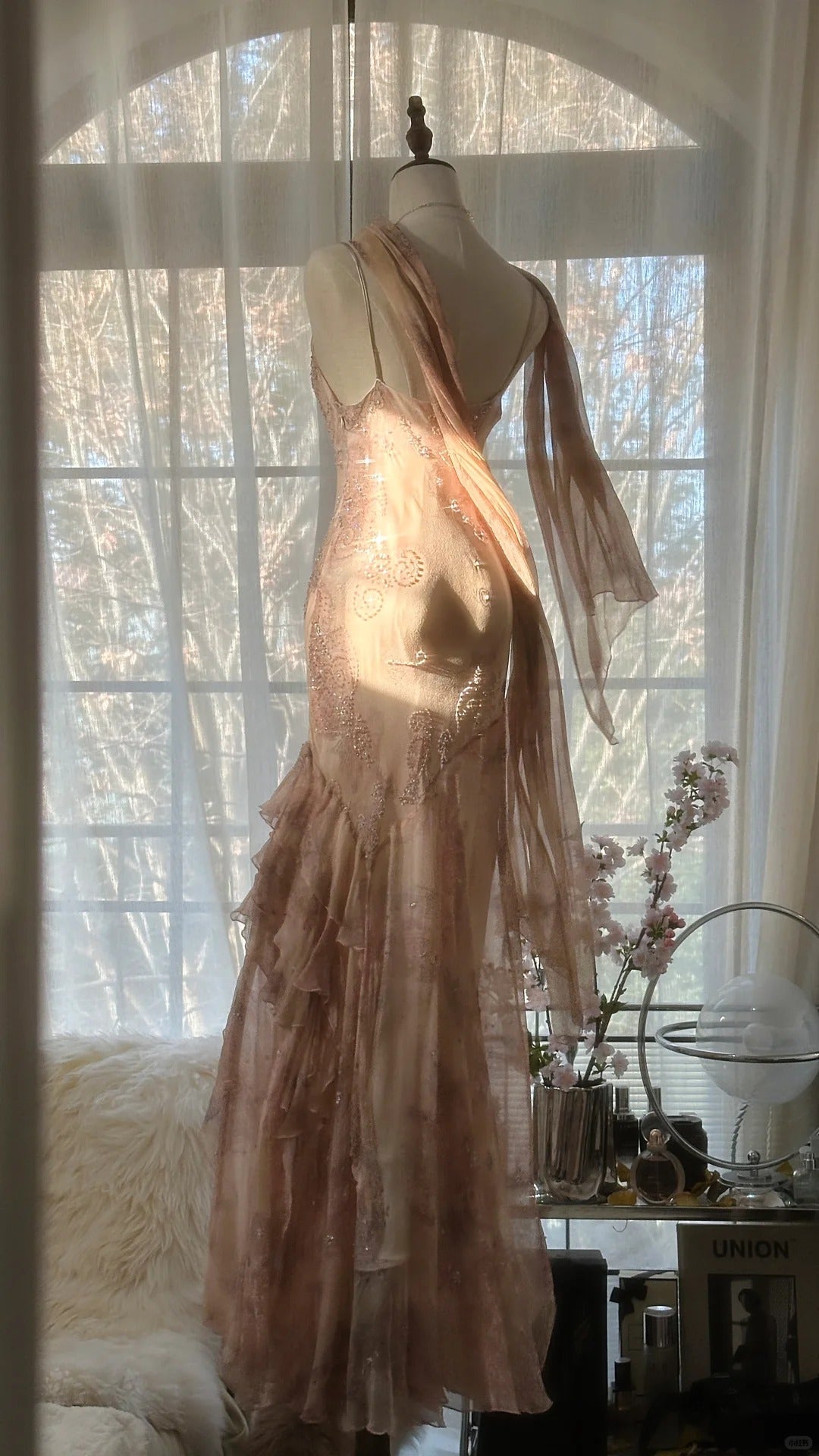 Cute Pink Shoulder Strap Flowing Ribbon Chiffon Beaded Long Prom Dress P3333