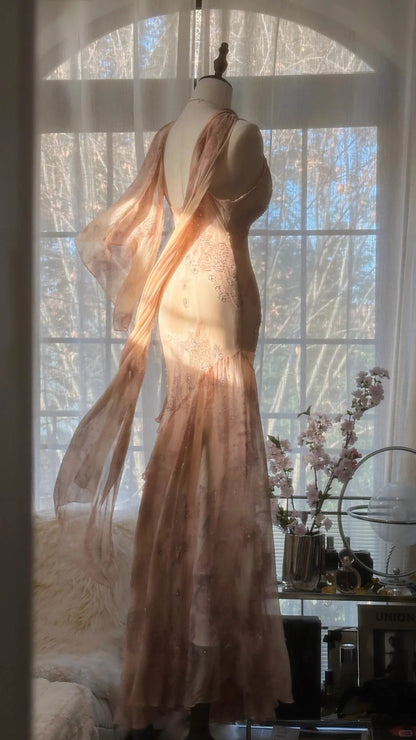 Cute Pink Shoulder Strap Flowing Ribbon Chiffon Beaded Long Prom Dress P3333