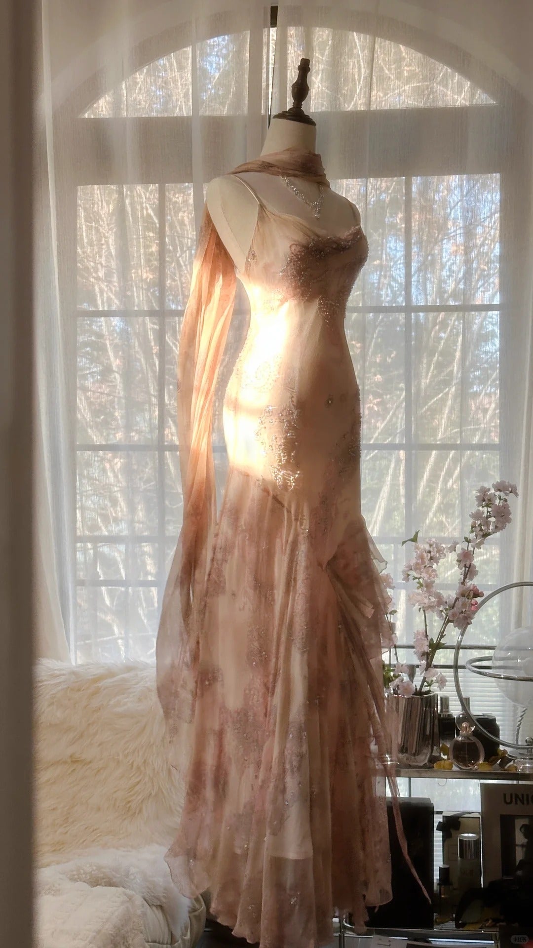 Cute Pink Shoulder Strap Flowing Ribbon Chiffon Beaded Long Prom Dress P3333