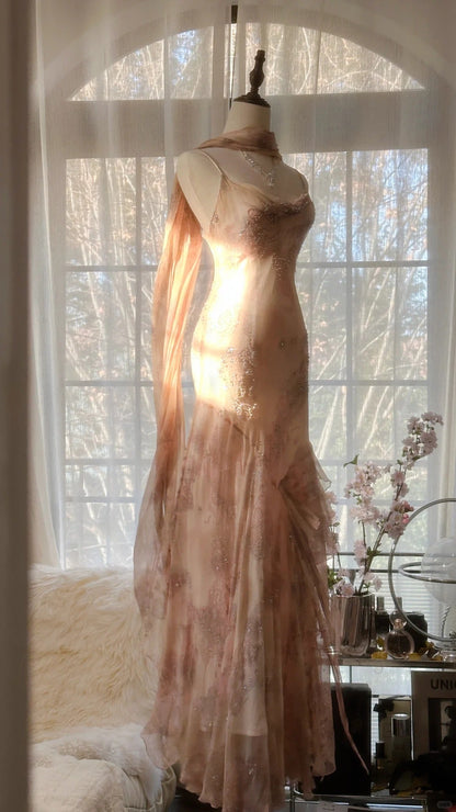 Cute Pink Shoulder Strap Flowing Ribbon Chiffon Beaded Long Prom Dress P3333