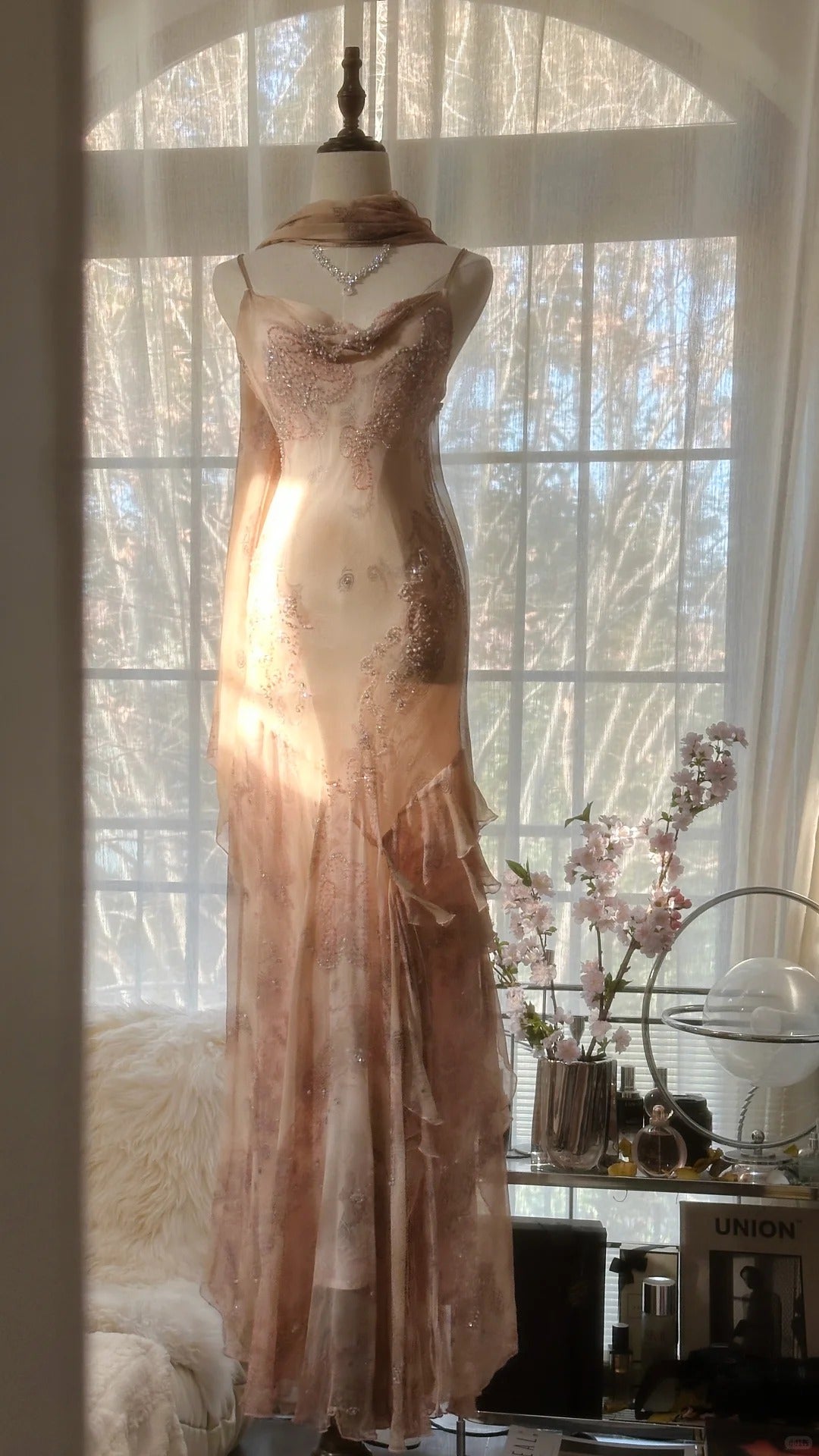 Cute Pink Shoulder Strap Flowing Ribbon Chiffon Beaded Long Prom Dress P3333