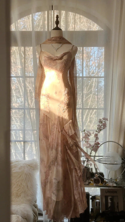 Cute Pink Shoulder Strap Flowing Ribbon Chiffon Beaded Long Prom Dress P3333