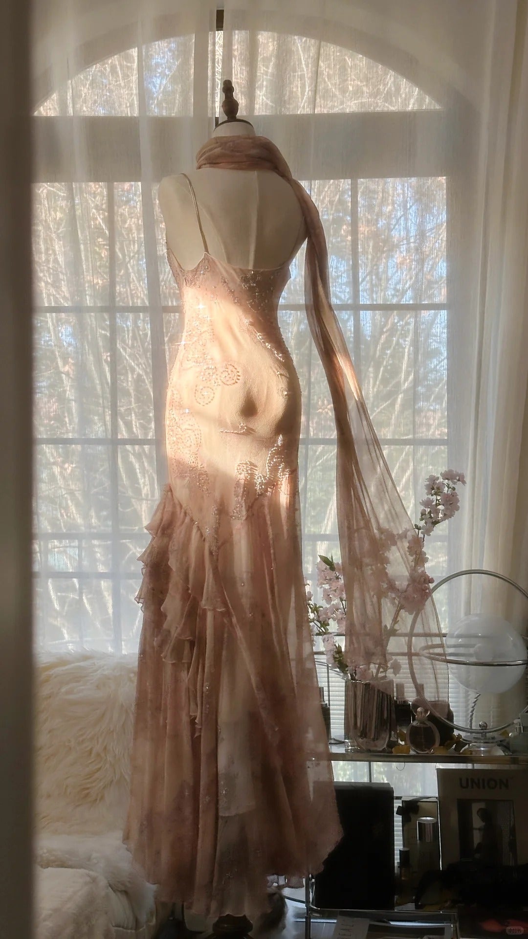 Cute Pink Shoulder Strap Flowing Ribbon Chiffon Beaded Long Prom Dress P3333