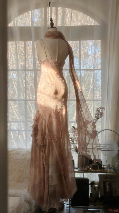 Cute Pink Shoulder Strap Flowing Ribbon Chiffon Beaded Long Prom Dress P3333