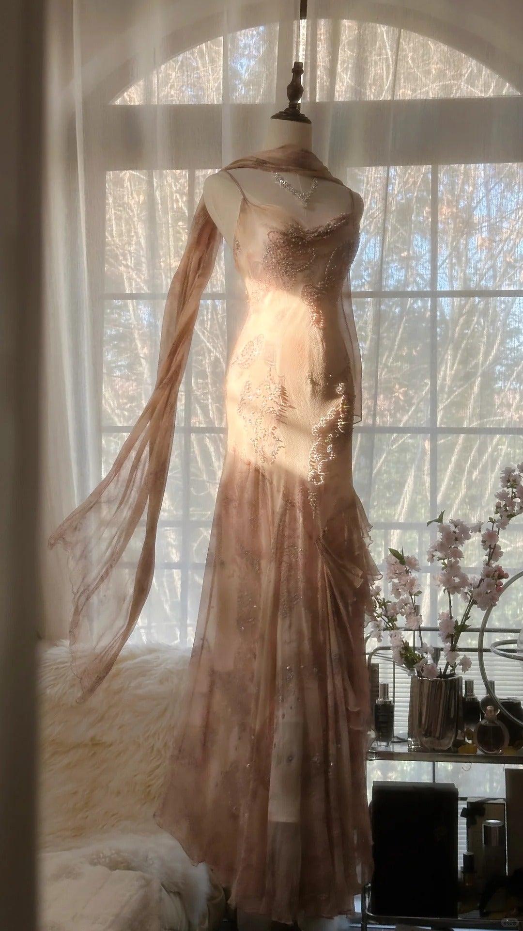 Cute Pink Shoulder Strap Flowing Ribbon Chiffon Beaded Long Prom Dress P3333