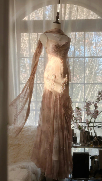 Cute Pink Shoulder Strap Flowing Ribbon Chiffon Beaded Long Prom Dress P3333