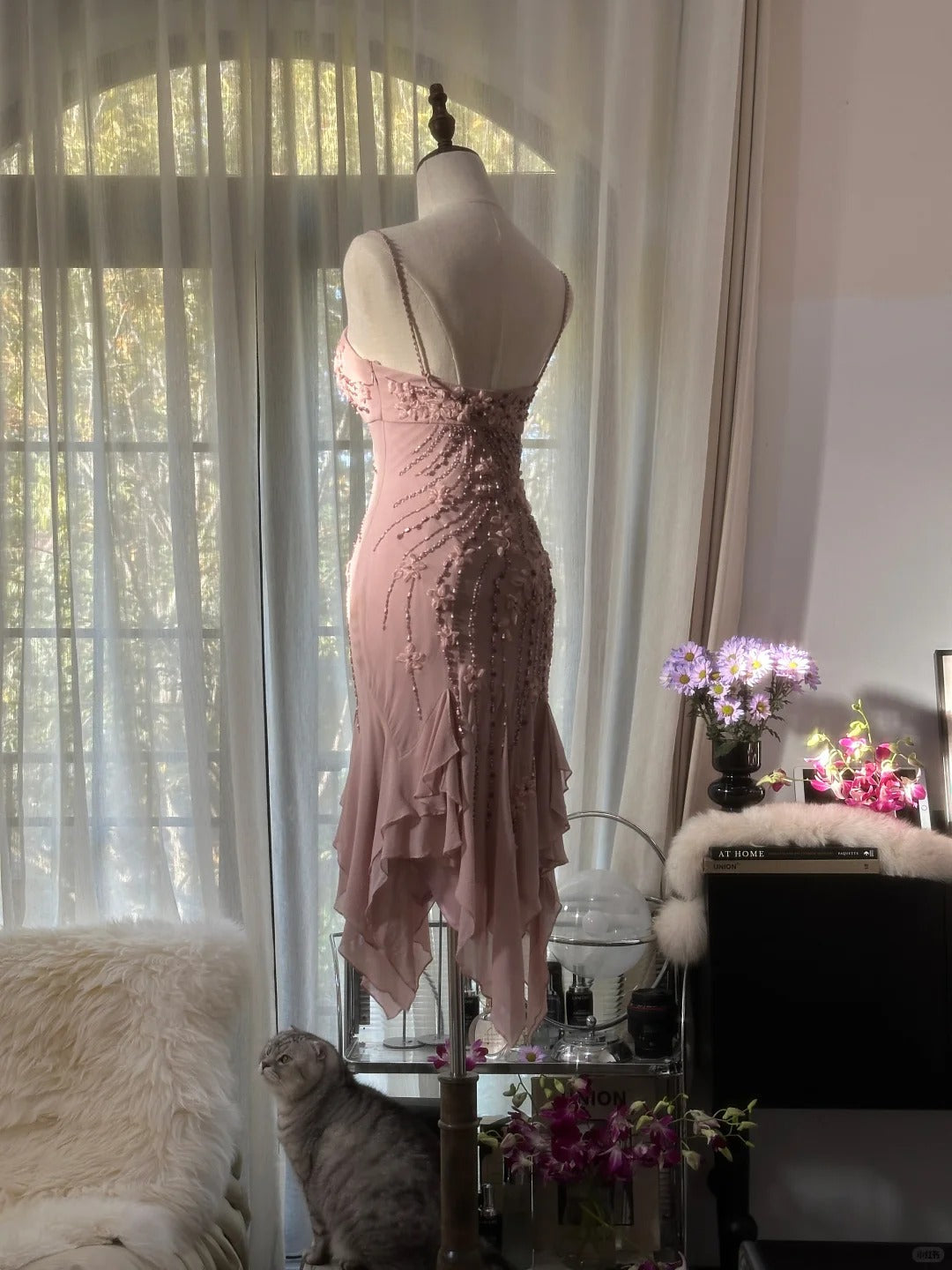Cute Cherry Blossom Pink Beaded Chiffon Irregular Hem Prom Dress P3335