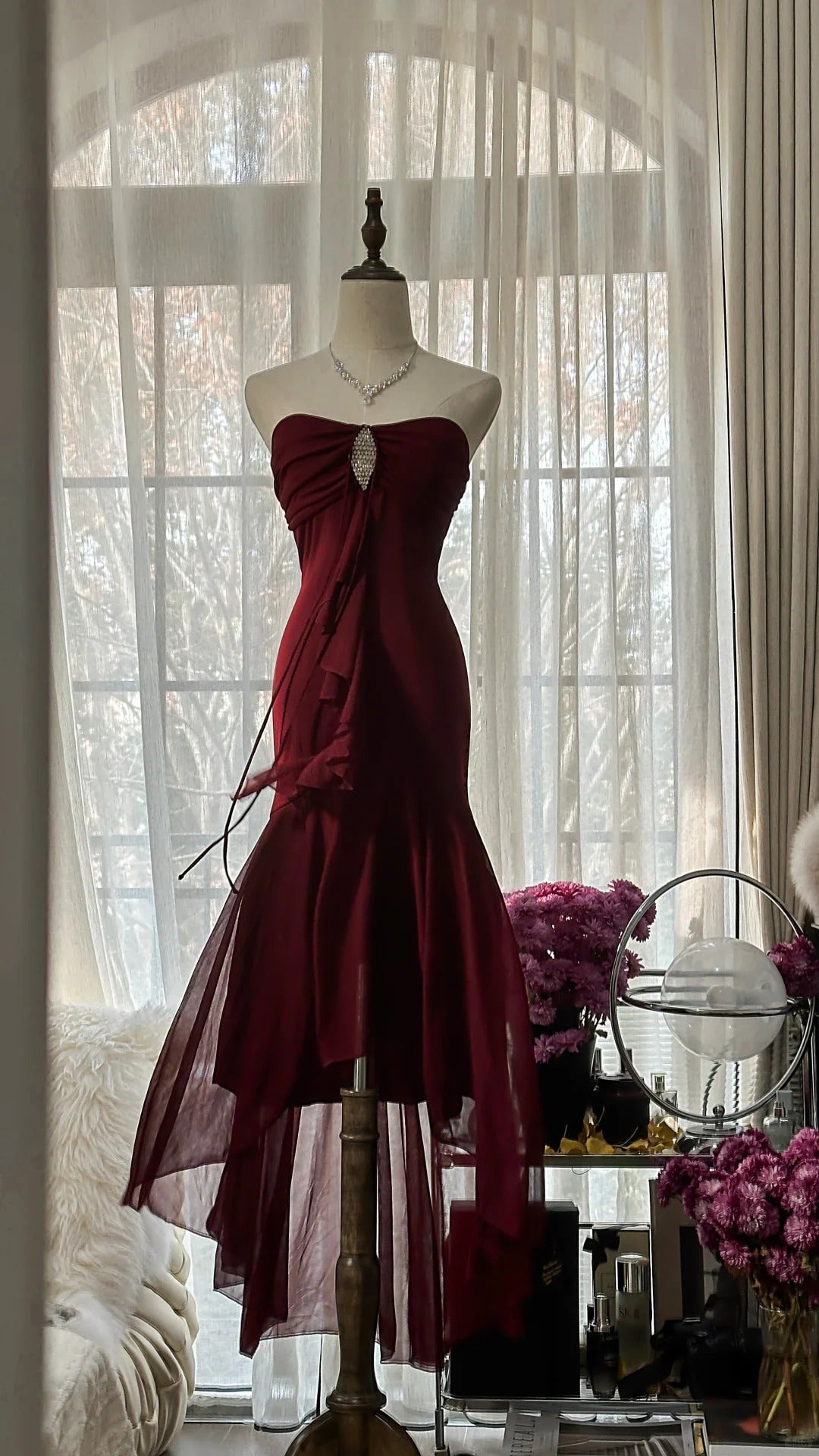 Stunning Burgundy Strapless Chiffon Mermaid Long Prom Dress P3336
