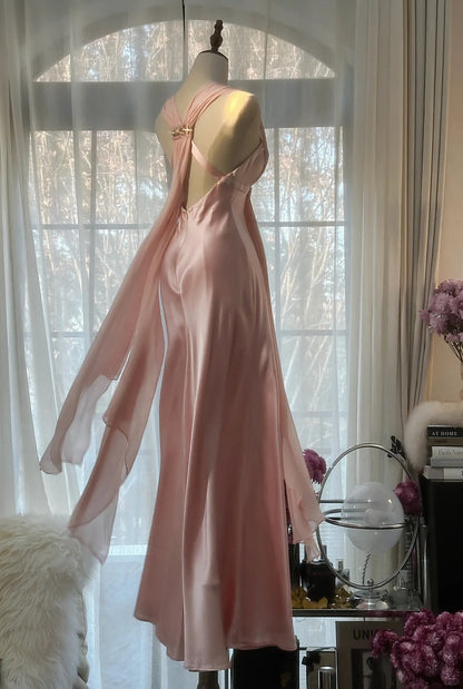 Elegant Pink Chiffon V-Neck Simple Long Prom Dress P3338