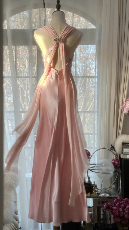 Elegant Pink Chiffon V-Neck Simple Long Prom Dress P3338