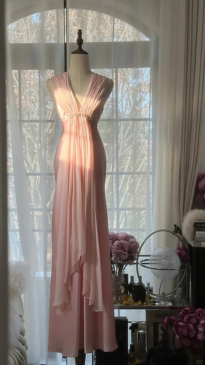 Elegant Pink Chiffon V-Neck Simple Long Prom Dress P3338