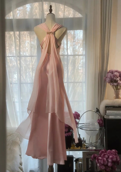 Elegant Pink Chiffon V-Neck Simple Long Prom Dress P3338