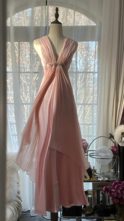 Elegant Pink Chiffon V-Neck Simple Long Prom Dress P3338
