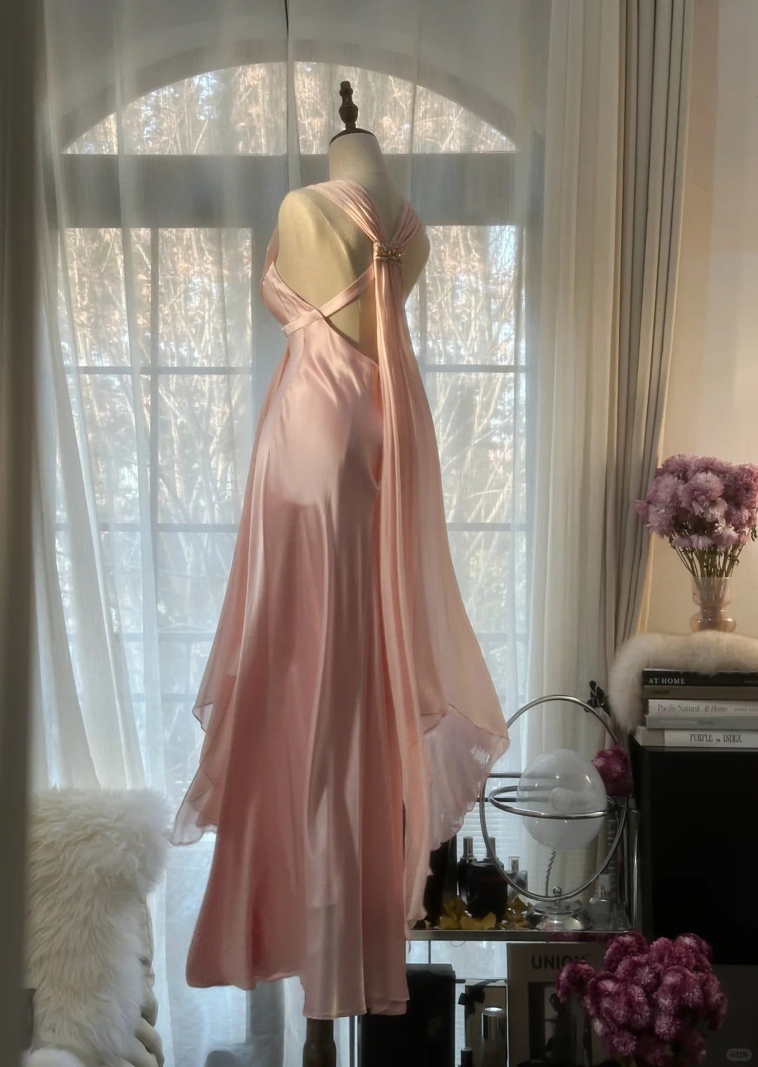 Elegant Pink Chiffon V-Neck Simple Long Prom Dress P3338