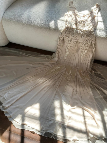 Vintage Palace V-neck Beaded Chiffon Long Prom Dress P3341