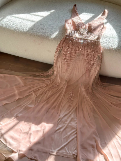 Vintage Palace V-neck Beaded Chiffon Long Prom Dress P3341