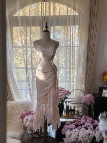 Cute Pink Lace Strap Mermaid Prom Dress P3342