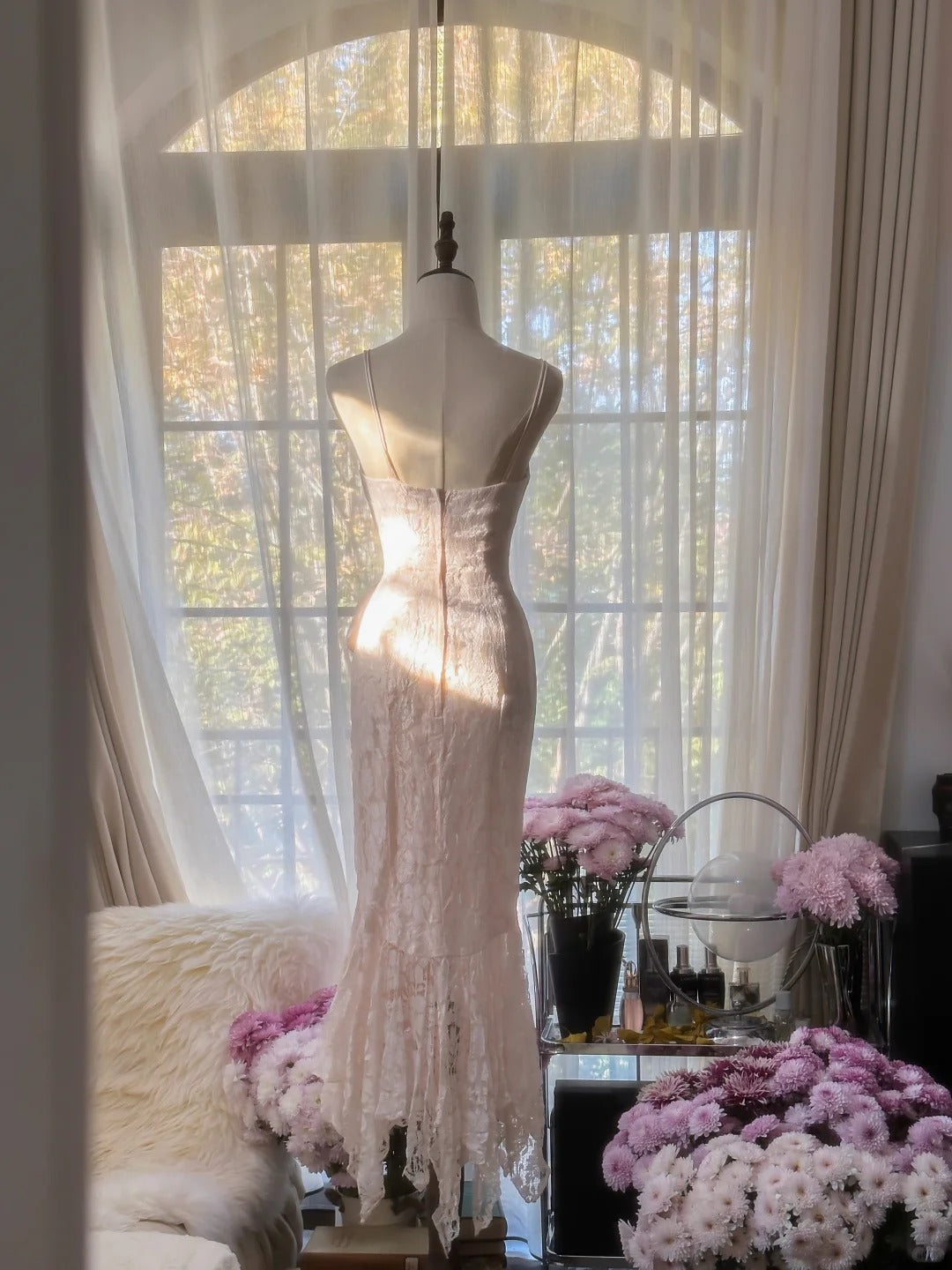 Cute Pink Lace Strap Mermaid Prom Dress P3342