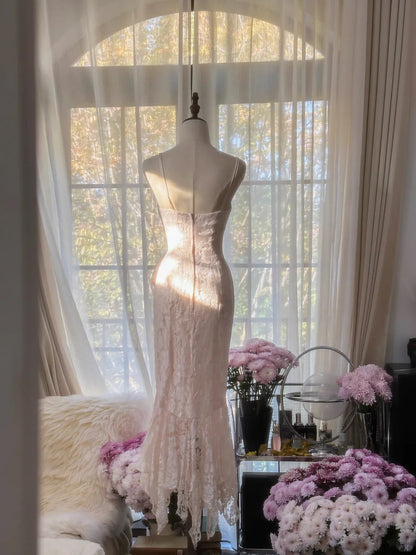 Cute Pink Lace Strap Mermaid Prom Dress P3342