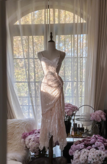 Cute Pink Lace Strap Mermaid Prom Dress P3342