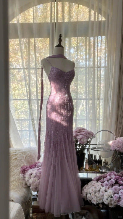 Charming Purple Chiffon Beaded Mermaid Long Prom Dress P3343
