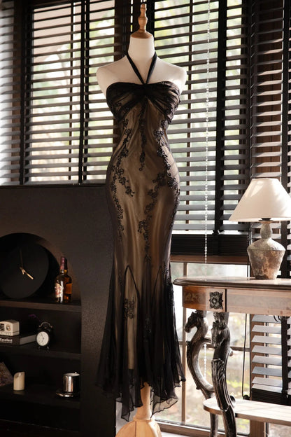 Vintage Elegant Black Halter Neck Mermaid Long Prom Dress P3344