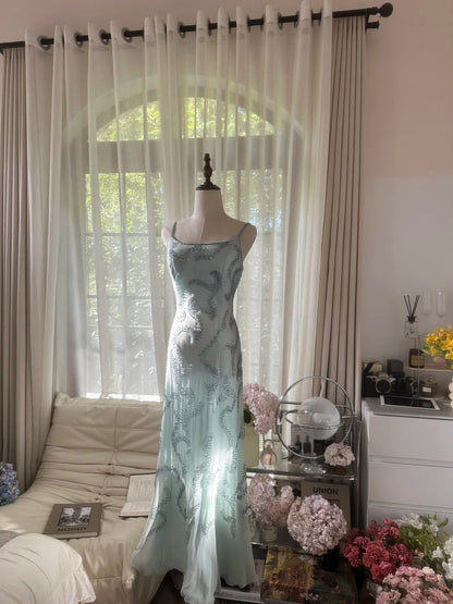 Lake Blue Square Neck Beaded Strap Long Prom Dress P3348