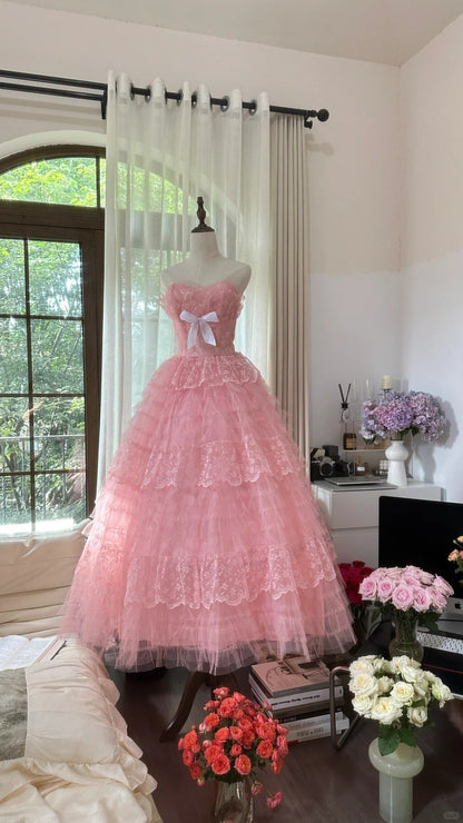 Cute Pink Sweetheart Neck Tulle Princess A-Line Prom Dress P3351